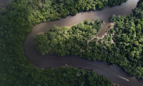An aerial view of the Aguarico river, in the Amazon region of Lagartococha, Peru.