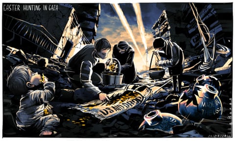 Ella Baron on Easter hunting in Gaza – cartoon, panel 1