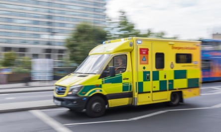 London Ambulance Service NHS ambulance on a call with blue lights