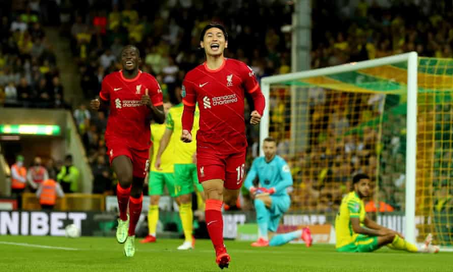 Liverpool's Takumi Minamino at the double as Norwich get familiar feeling |  Carabao Cup | The Guardian
