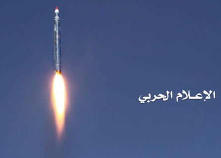 A ballistic missile is seen after it was fired toward the Saudi capital of Riyadh from an undisclosed location in Yemen, in this handout photo released December 19, 2017 by the Houthi movement’s War Media.