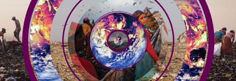 Graphic showing people working on a landfill site. Superimposed on top is a graphic with a series of rings which contain pictures of the Earth's surface merging with pictures of fire