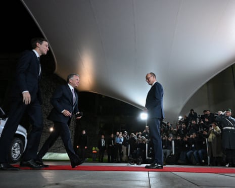 German Chancellor Friedrich Merz welcomes Jared Kushner and US envoy Steve Witkoff for a meeting with European heads of state and government, together with representatives of the EU, US and Nato, at the Chancellery in Berlin, Germany.