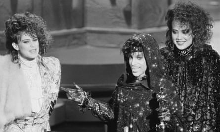 From left, Wendy Melvoin, Prince and Lisa Coleman accepting an Oscar for Purple Rain.