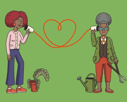 An illustration on a green background of a young woman with a wilting plant and an old lady with a watering can and shears, with a heart drawn between them in red