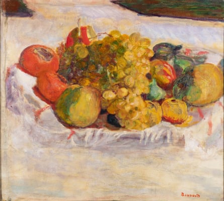 A still life painting of fruit on a tablecloth