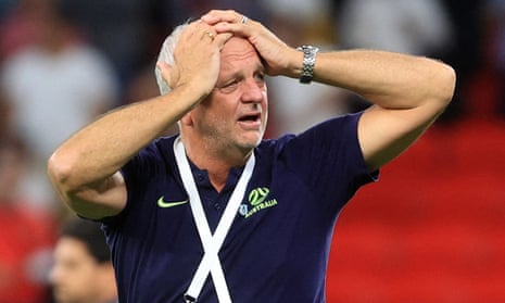 Australia coach Graham Arnold reacts after his team won the penalty shootout against Peru to send the Socceroos to the World Cup.