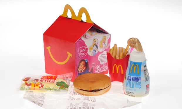 McDonald’s Barbie Happy Meal with hamburger, french fries, milk and apple dippers