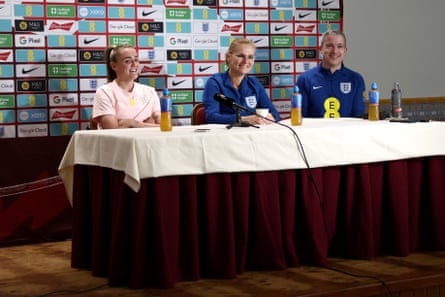 Georgia Stanway (left) and Sarina Wiegman (centre) address the media in Marbella on Thursday