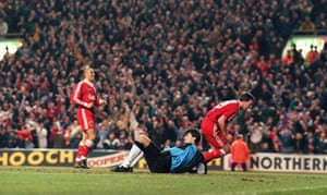 Fowler runs past Srnicek after scoring Liverpool’s second.