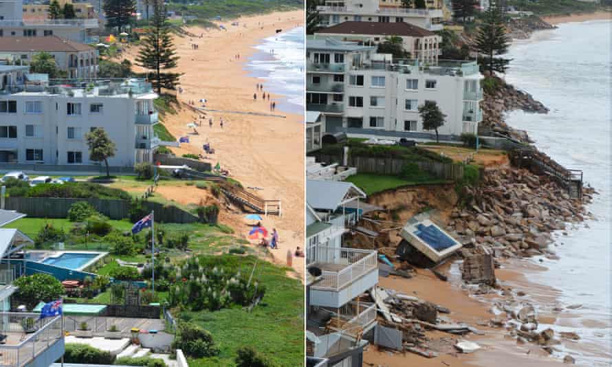 Composite of two images of Collaroy beach before and after storm damage in June 2016