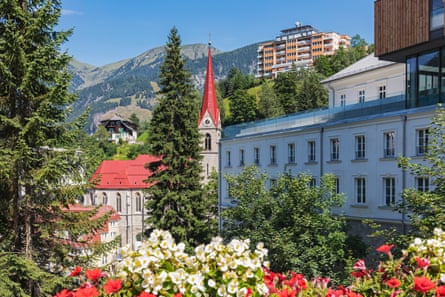 View of Bad Gastein in Austria with Roman Catholic parish church and surrounding landscape
