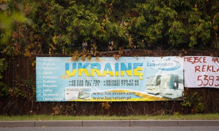A banner in Bydgoszcz, Poland, advertises cheap bus transport to Ukraine.
