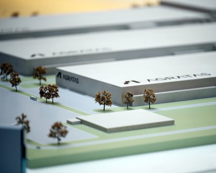 A model of a battery factory that Jaguar Land Rover’s sister company Agratas plans to build in Somerset