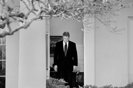 President Bill Clinton emerges from the Oval Office to talk to the media after learning that the U.S. Senate voted to acquit him of the charges of perjury and obstruction of justice during his Impeachment Trial on Feb. 12, 1999. The charges stemmed from his relationship with White House intern Monica Lewinsky.