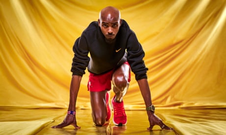 Mo Farah, crouched as if at the starting line of a race, against a gold backdrop