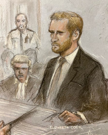 Court artist sketch of the Duke of Sussex giving evidence at the Rolls Buildings in central London