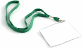 Blank name tag with a green lanyard isolated on white