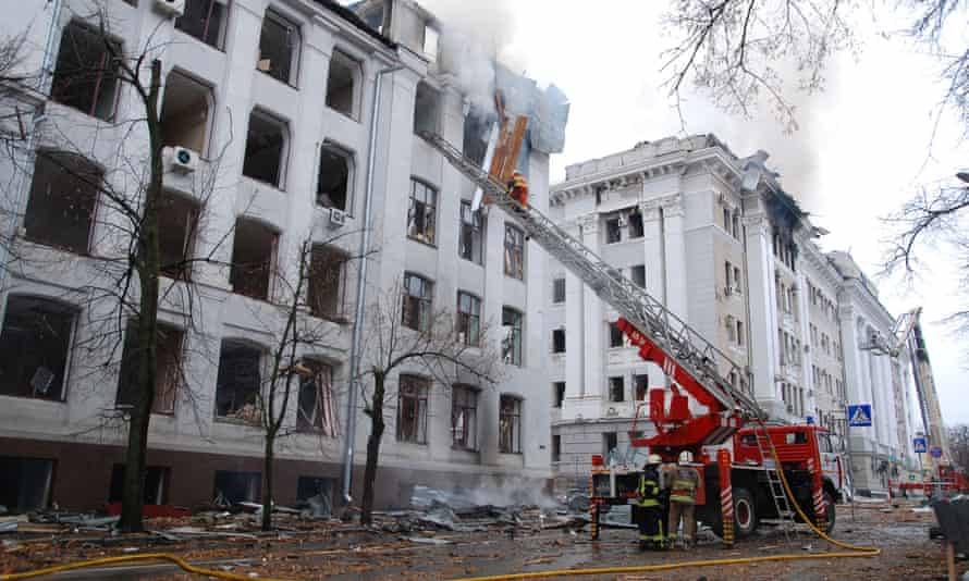 Firefighters work to extinguish a fire at the Kharkiv National University building, which city officials said was damaged by recent shelling, in Kharkiv, Ukraine March 2, 2022.