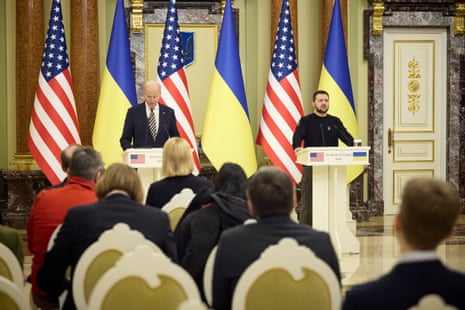 Ukrainian President Volodymyr Zelenskiy and US President Joe Biden holding a joint press news briefing in Kyiv.
