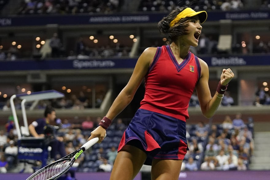 Emma Raducanu celebrates winning a game against Maria Sakkari during their semi-final