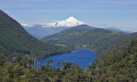 View from Huerquehue national park across Lago Tinquilco and Valdivian forest to the volcano Villarrica.
