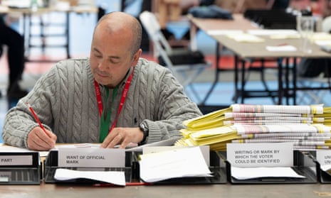 Ballot papers are checked during an election count in May 2022 in Cardiff, Wales. 