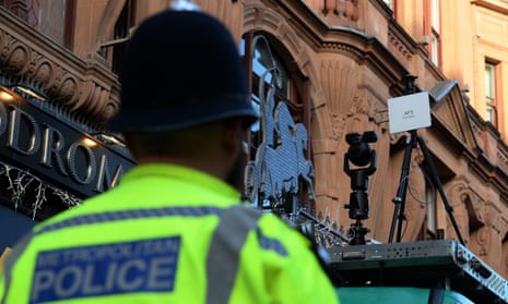 Facial recognition technology in operation in Leicester Square. A law change being quietly introduced by the government will allow police to run facial recognition searches on a database containing images of Britain’s 50m driving licence holders