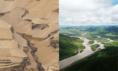 The Loess plateau, in China, in 2007, left, and transformed into green valleys and productive farmland in 2019.