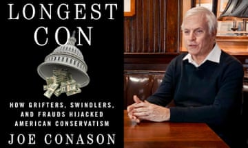 Composite of Longest Con book cover and older man sitting at a desk.