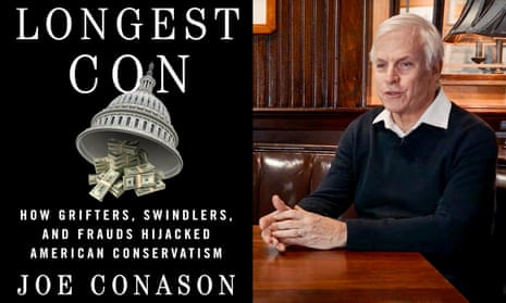 Composite of Longest Con book cover and older man sitting at a desk.