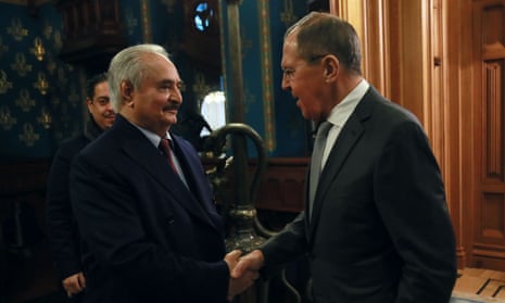 Gen Khalifa Haftar (left) meets the Russian foreign minister, Sergei Lavrov, in Moscow