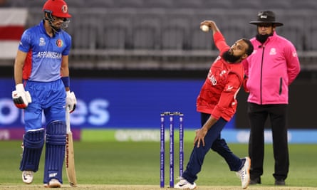 England's Adil Rashid of England bowls during the T20 World Cup match against Afghanistan.