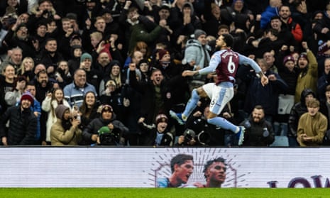 Aston Villa’s Douglas Luiz celebrates scoring his side’s third goal from the penalty spot.