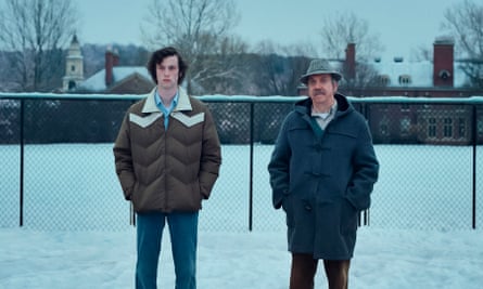 Dominic Sessa, left, and Paul Giamatti in The Holdovers.