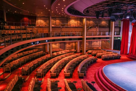 The theatre onboard Ambassador’s cruise ship Ambience, which made its maiden voyage in 2022. View of impressively large auditorium, raked seating and stage
