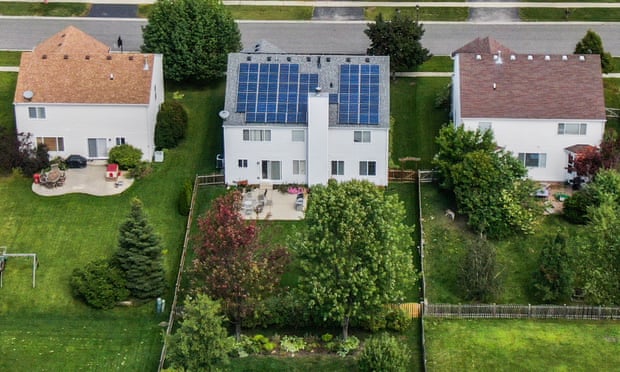 An aerial photo taken with a drone shows solar panels installed on a private home in Round Lake Heights, Illinois.
