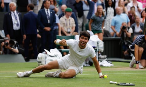 Carlos Alcaraz celebrates beating Novak Djokovic on Centre Court