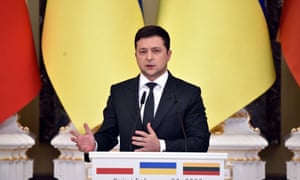 Zelenskiy at a joint press conference with his counterparts from Lithuania and Poland following their talks in Kyiv.