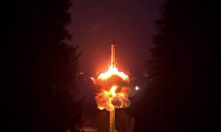 A Yars intercontinental ballistic missile is fired from the Plesetsk cosmodrome in the Russian north during a training exercise