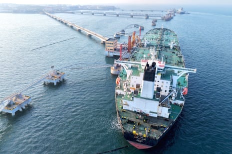 A foreign oil tanker unloads imported crude oil in Qingdao City, Shandong Province, China last year.