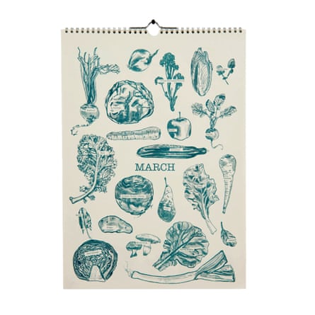Calendar with blue illustrations of fruit and veg on white cover