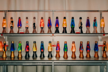 Lava lamps arranged across two shelves