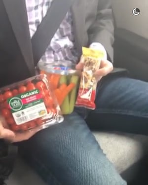Snapchat with a figure holding healthy snacks on their commute.