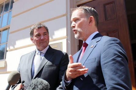Canadian trade minister, Dominic LeBlanc, left, and US trade representative Jamieson Greer, speak to reporters in Washington DC on Friday.