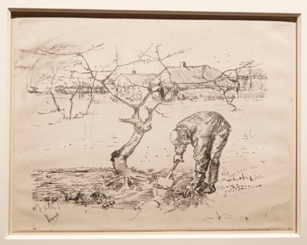 Van Gogh print of a gardener bending over next to a tree