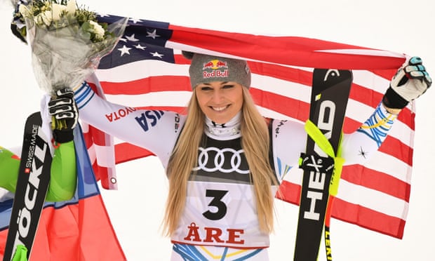 Lindsey Vonn celebrates her podium place in her final ever race. She retires with 82 World Cup wins, a women’s record