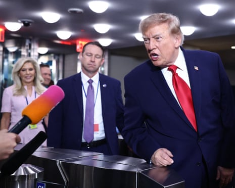 President Donald Trump speaks briefly to the press as he arrives during the 81st United Nations General Assembly.