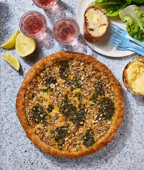 Tart art: Yotam Ottolenghi’s smoked trout quiche with basil pesto and dukkah.