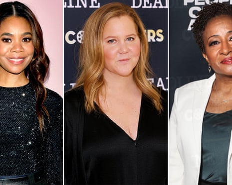 Triptych of portraits of Regina Hall, left, Amy Schumer, center, and Wanda Sykes.